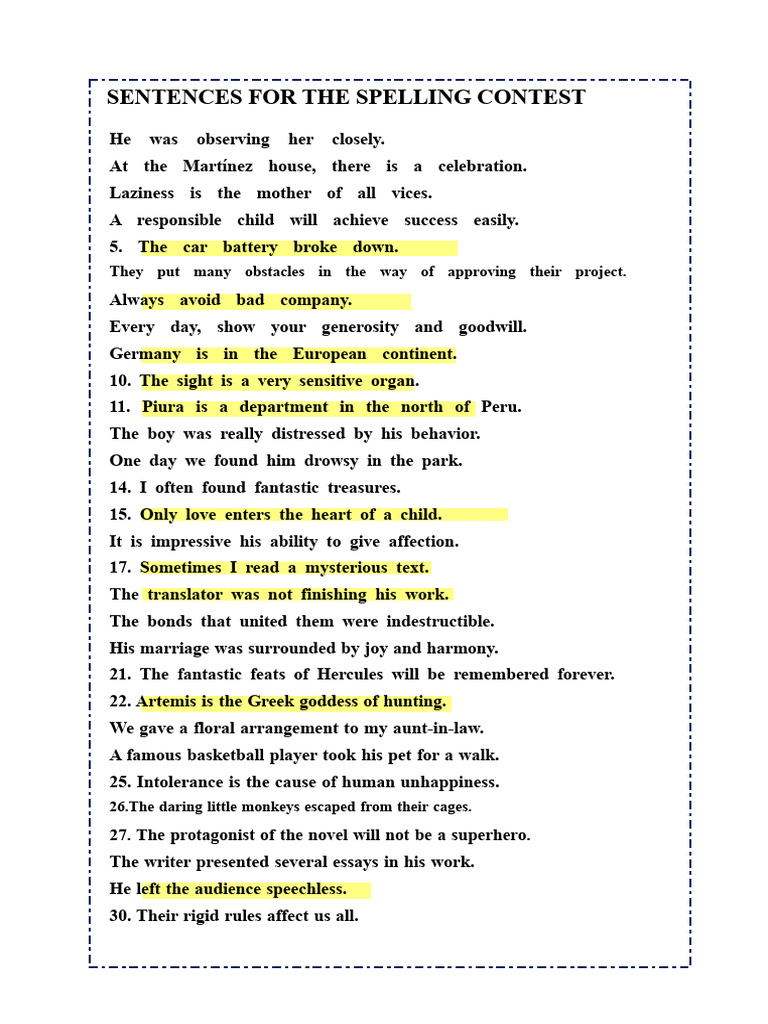 Spelling Contest Sentences List | PDF