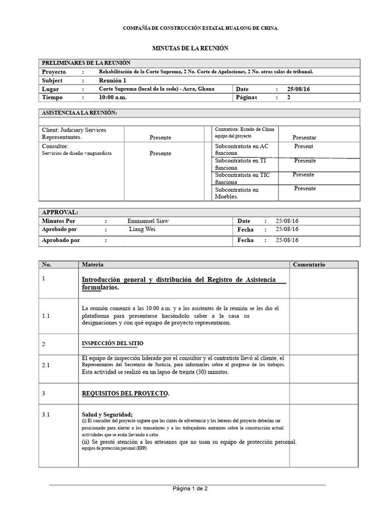 Minutas de La Reunión Del Proyecto | PDF