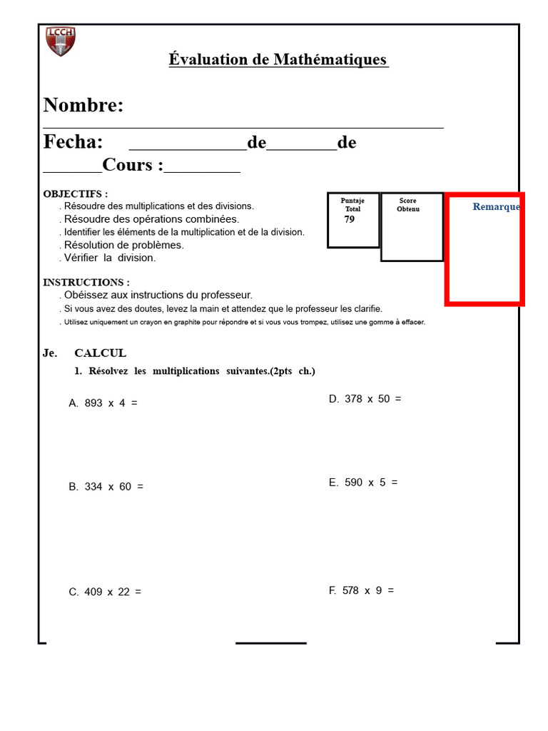 Évaluation de Mathématiques : Multiplications et Problèmes | PDF ...