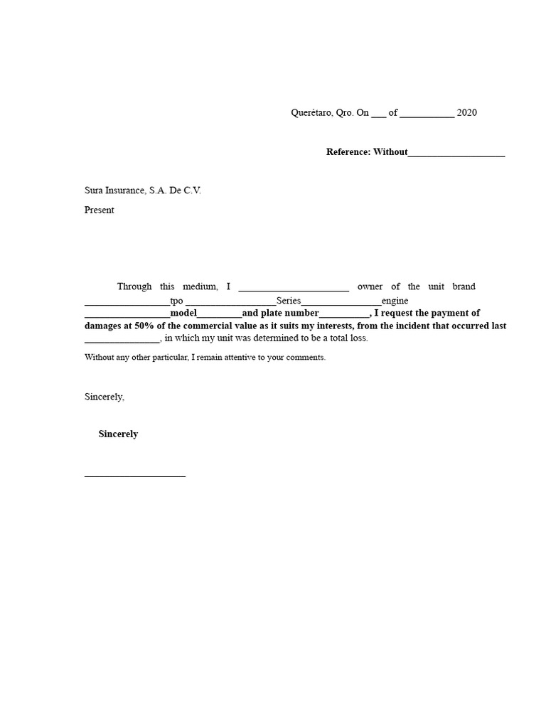 Insurance Claim Request for Total Loss | PDF