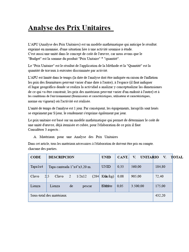 Analyse des Prix Unitaires en Construction | PDF | Dépréciation