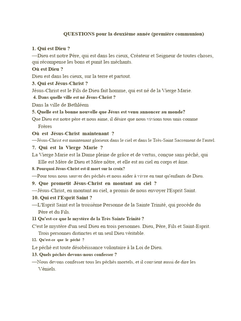 Questions de foi pour la première communion | PDF | Sacrement | Église ...