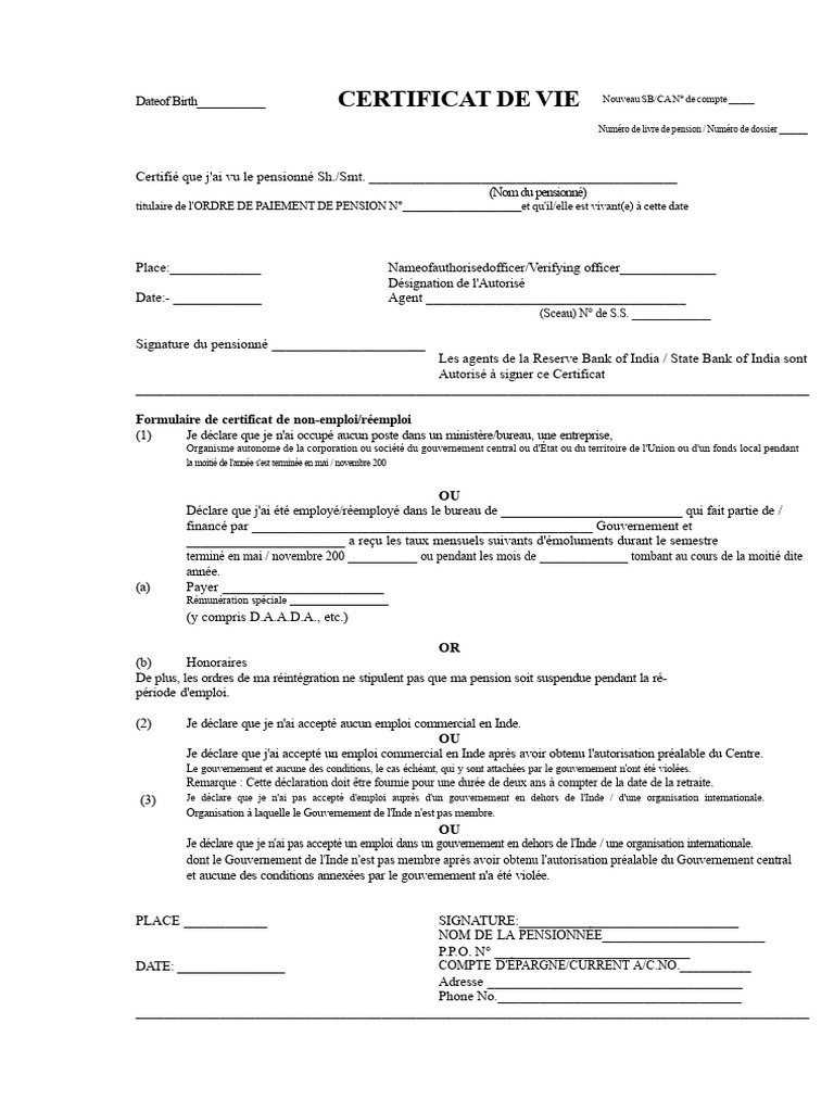 Certificat de Vie et Déclarations de Pension | PDF