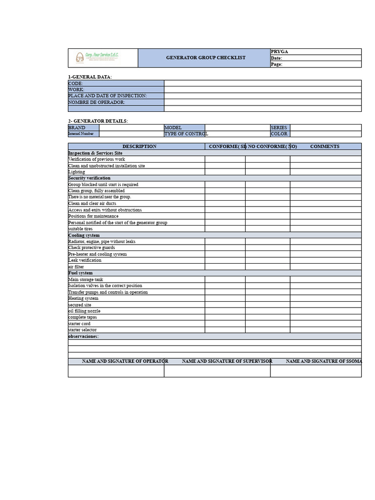 Generator Group Inspection Checklist | PDF