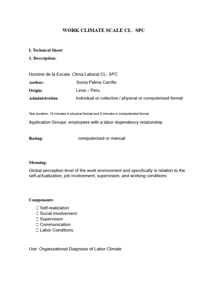 Work Climate Scale Sonia Palma | PDF | Validity (Statistics) | Natural ...