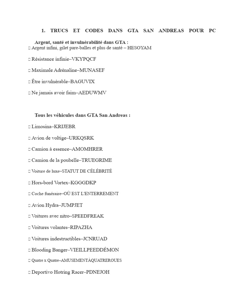Codes et astuces GTA San Andreas PC | PDF | Véhicules