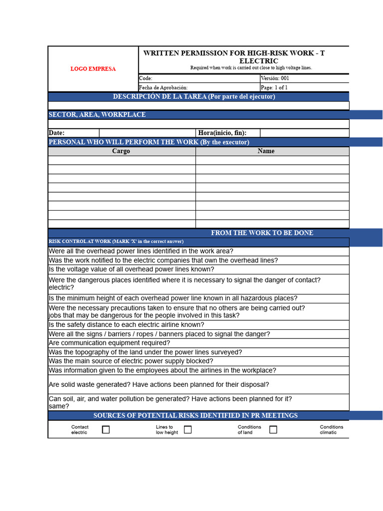High-Risk Work Permit for Electric Tasks | PDF | High Voltage | Safety