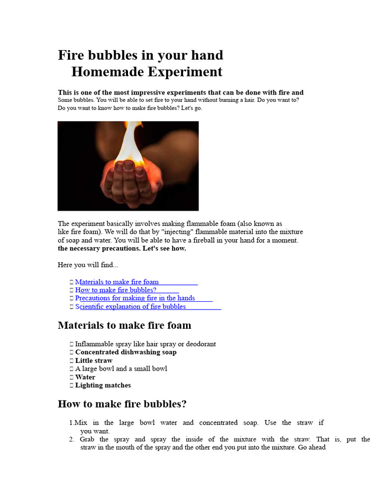 Fire Bubbles: Safe Hand Experiment | PDF | Water | Industrial Processes