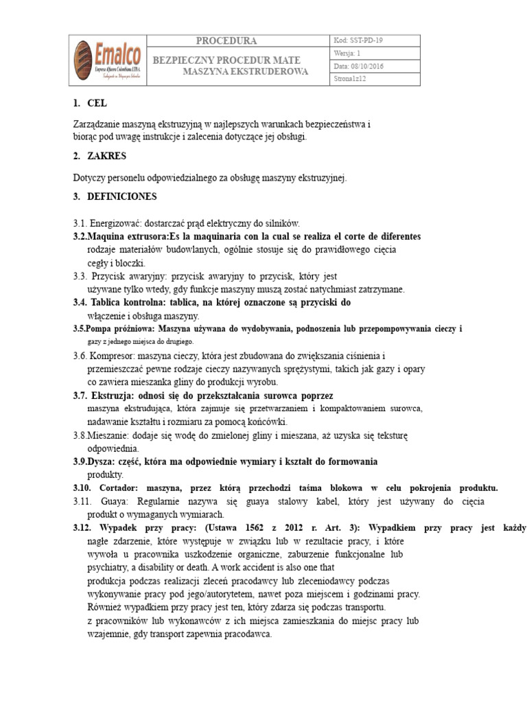 Bezpieczny Procedur Manipulacji Maszyną Ekstruderską PDF | PDF