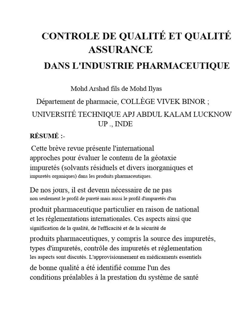Contrôle Qualité en Industrie Pharmaceutique | PDF | Audit | Management ...
