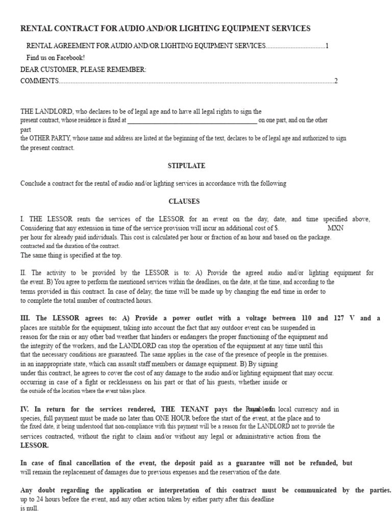 Audio & Lighting Equipment Rental Contract | PDF | Lease | Private Law