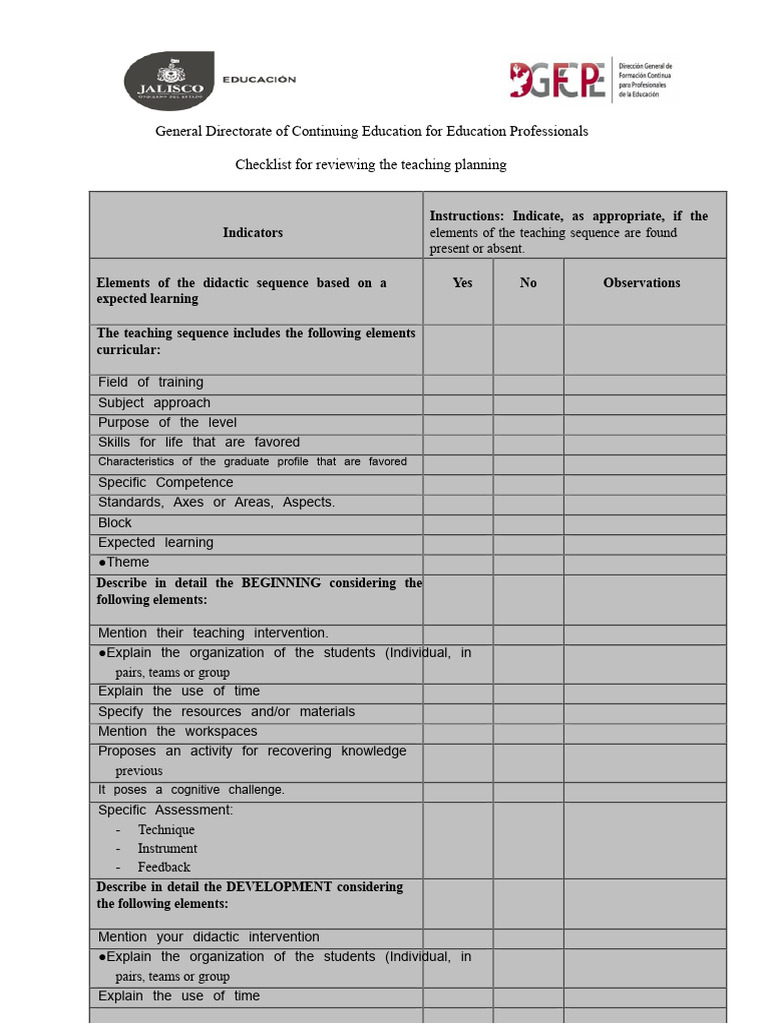 Teaching Planning Review Checklist | PDF