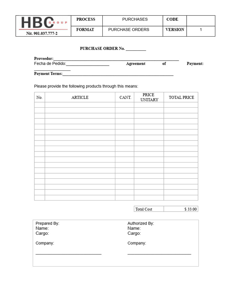 Purchase Order Template Format | PDF