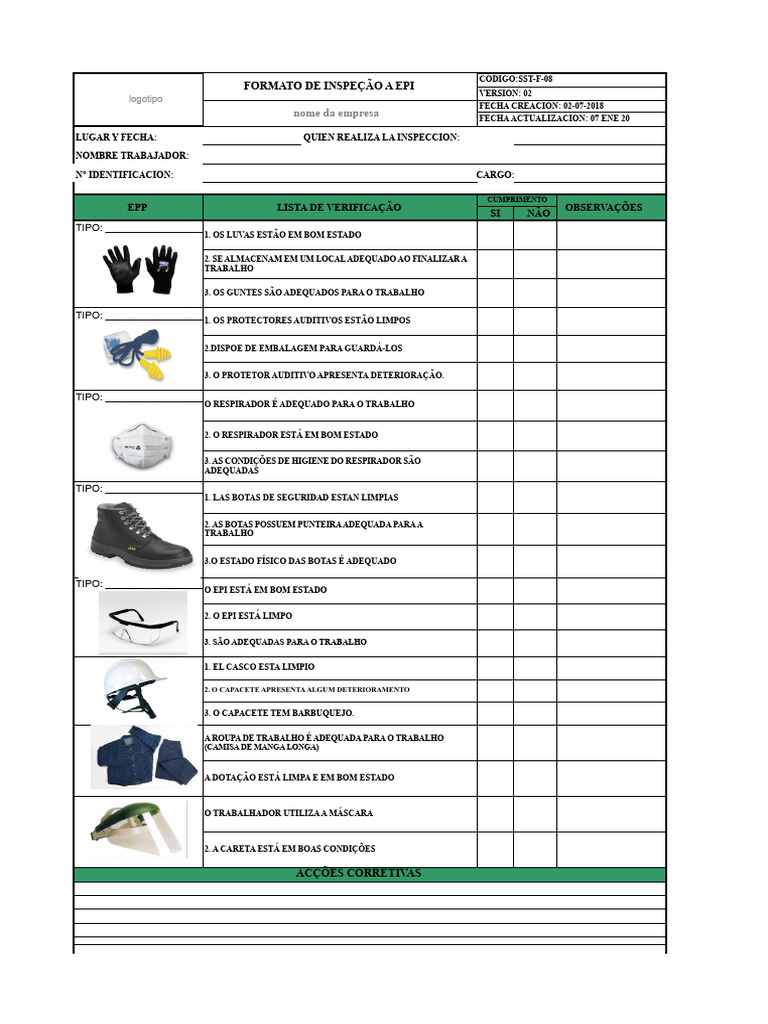 Inspeção de EPI: Formulário e Checklist | PDF