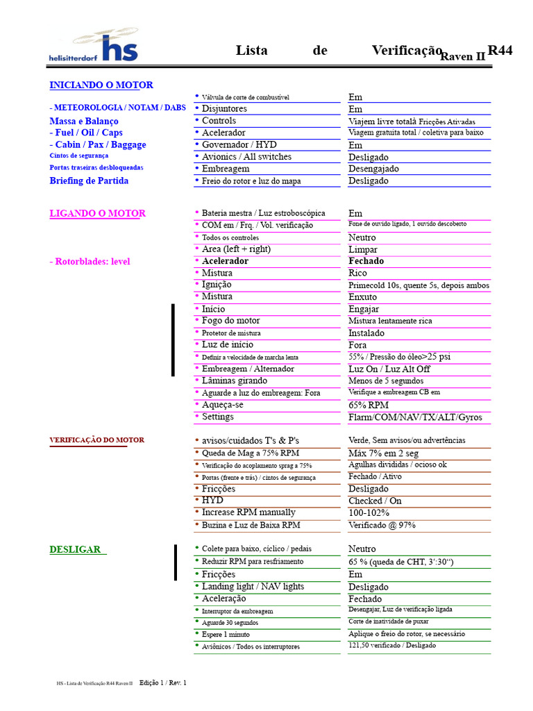Checklist de Partida R44 Raven II | PDF | Motores | Transporte
