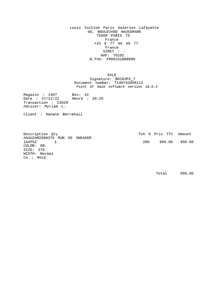Louis Vuitton Purchase Receipt Details | PDF | Receipt | Business