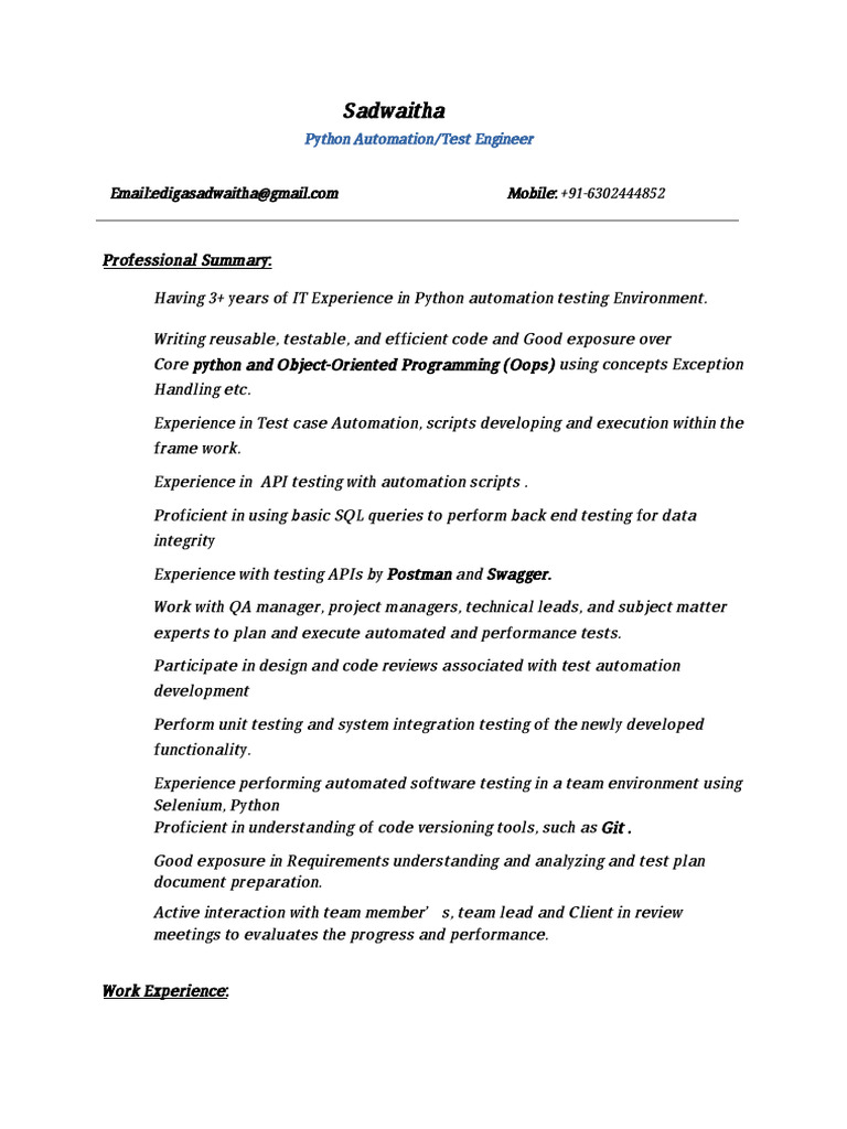 Python Automation Test Engineer Profile | PDF | Unit Testing | Python ...