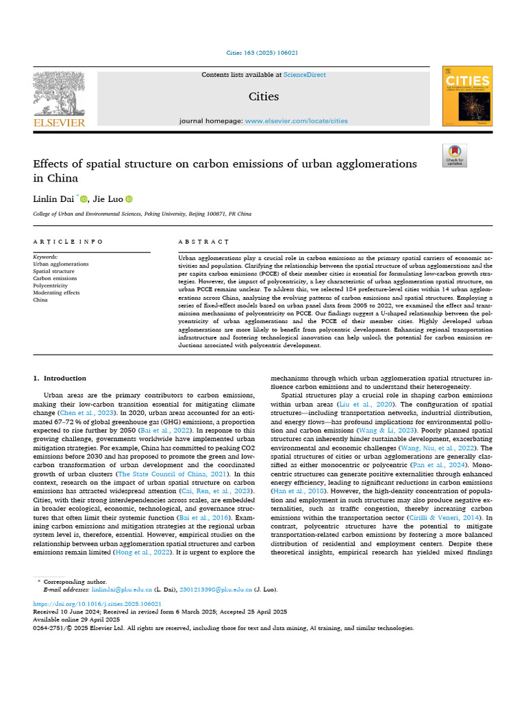 Effects of Spatial Structure On Carbon Emissions of Urban ...