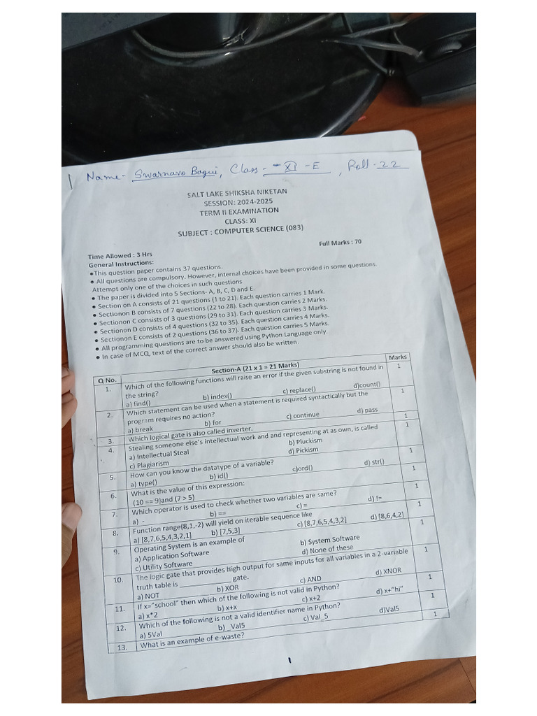 SSN Exam Paper Class11 (Annual) | PDF