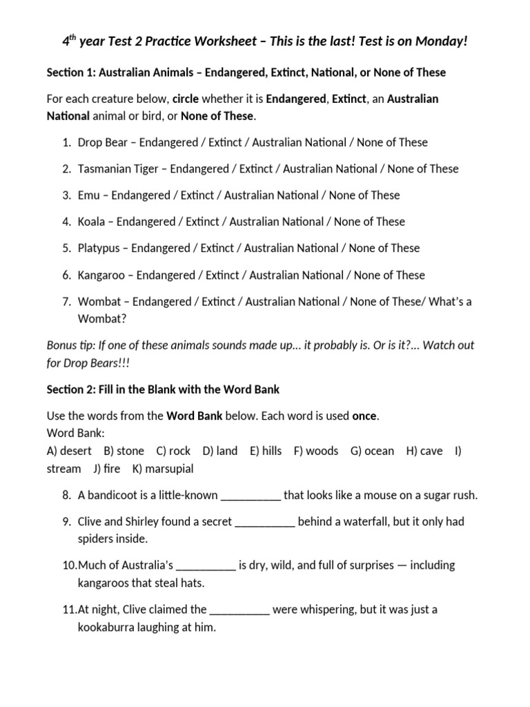 Australian Animals Test Practice Worksheet | PDF | Fauna Of Australia