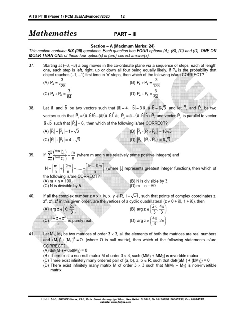 JEE Advanced 2023 AITS Paper 1 Solutions | PDF | Matrix (Mathematics ...