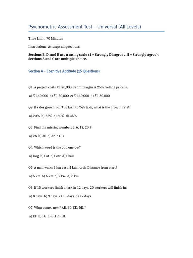 Universal Psychometric Assessment Test | PDF | Psychology | Behavioural ...