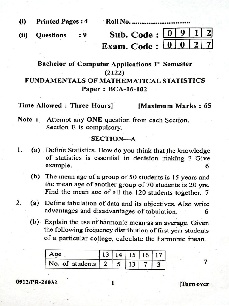 BCA - 1st Sem - BCA-16-102 - Fundamentals of Mathematical Statistics ...