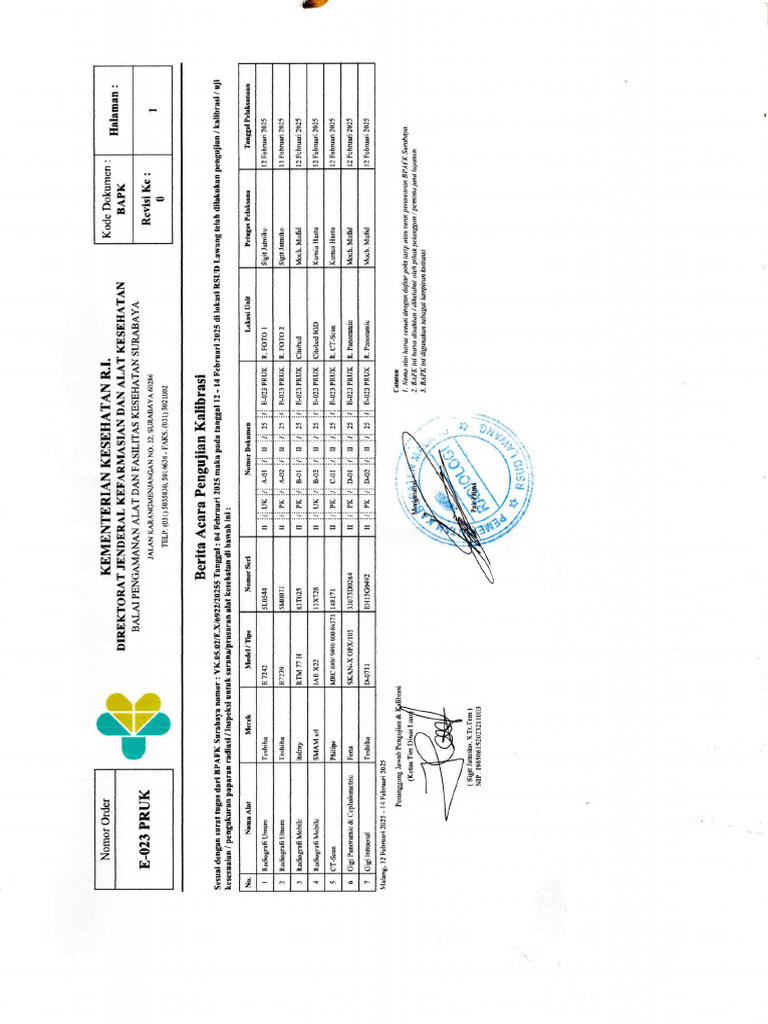 Berita Acara Kalibrasi BPFK 2025 | PDF