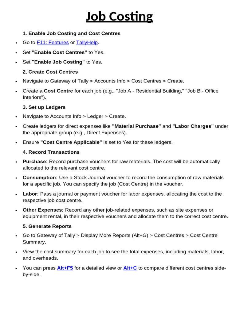 Job Costing Setup in Tally Guide | PDF