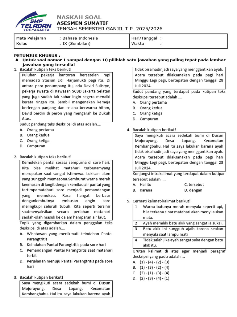 Soal Bahasa Indonesia Kelas IX 2025/2026 | PDF