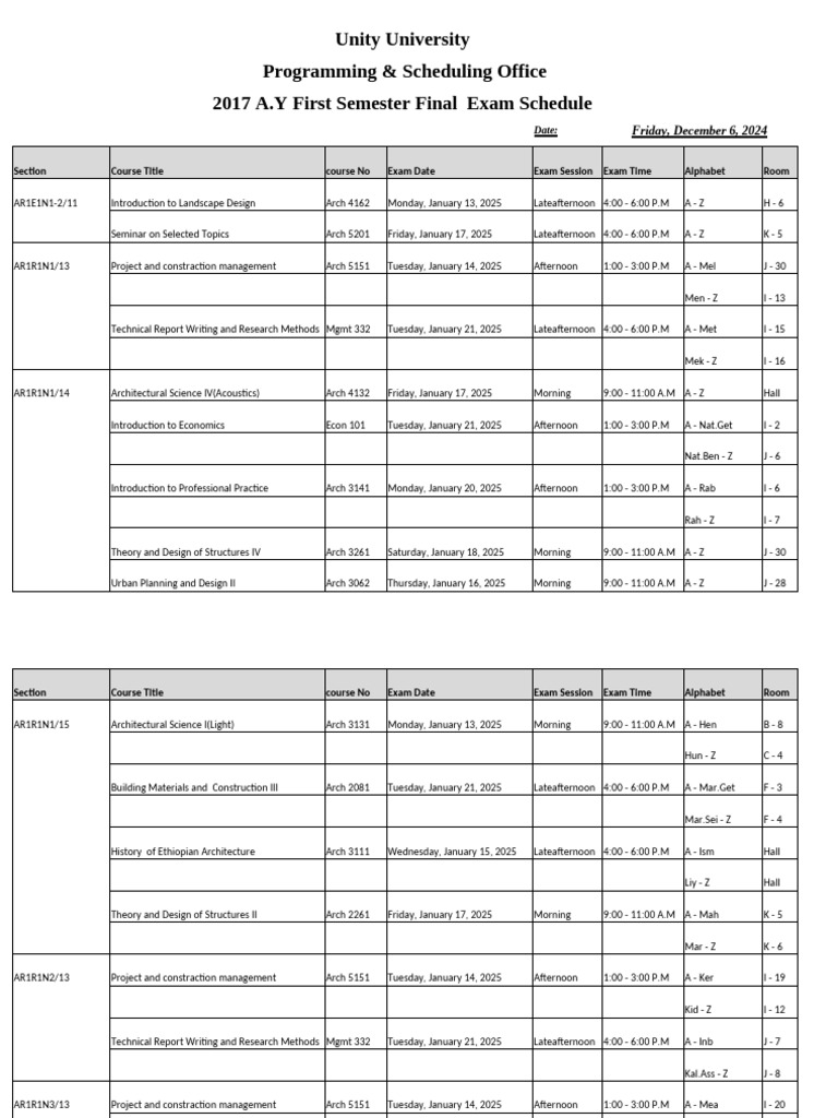 Unity University 2024 Exam Schedule | PDF | Business | Business Economics