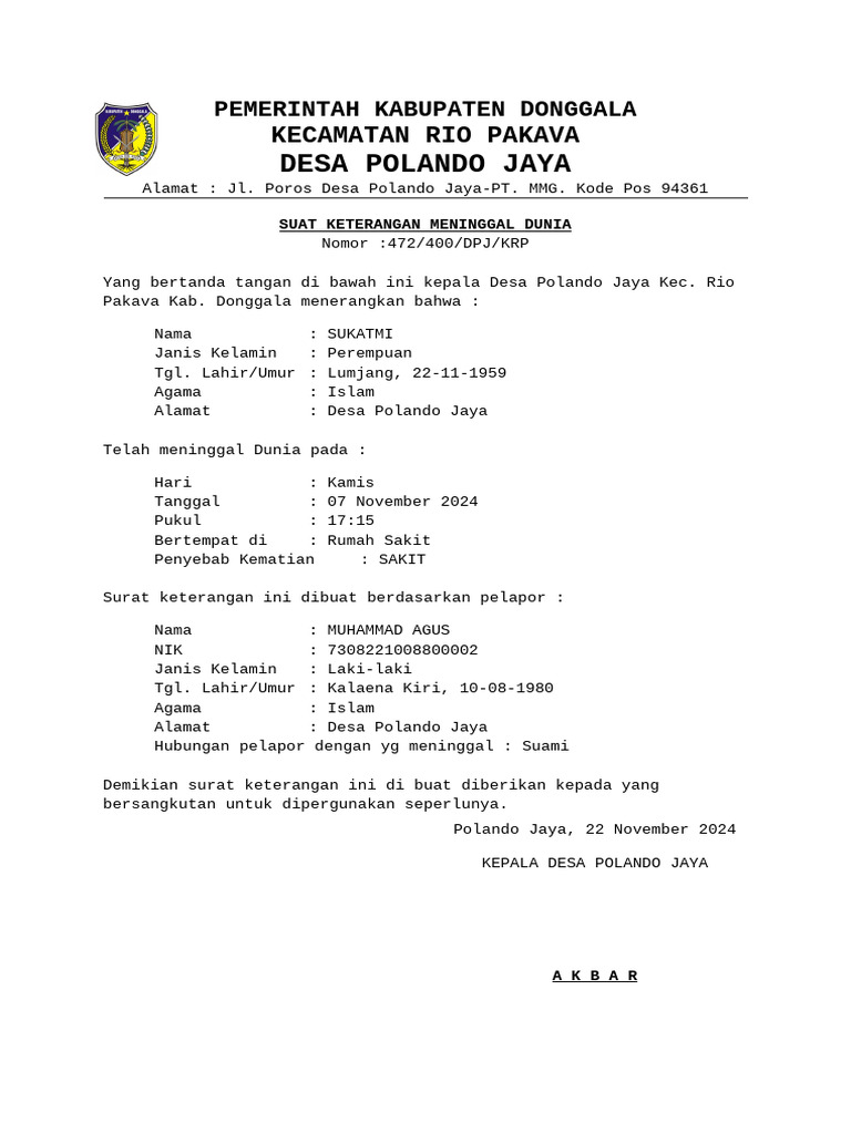 Surat Keterangan Meninggal Dunia Polando Jaya | PDF