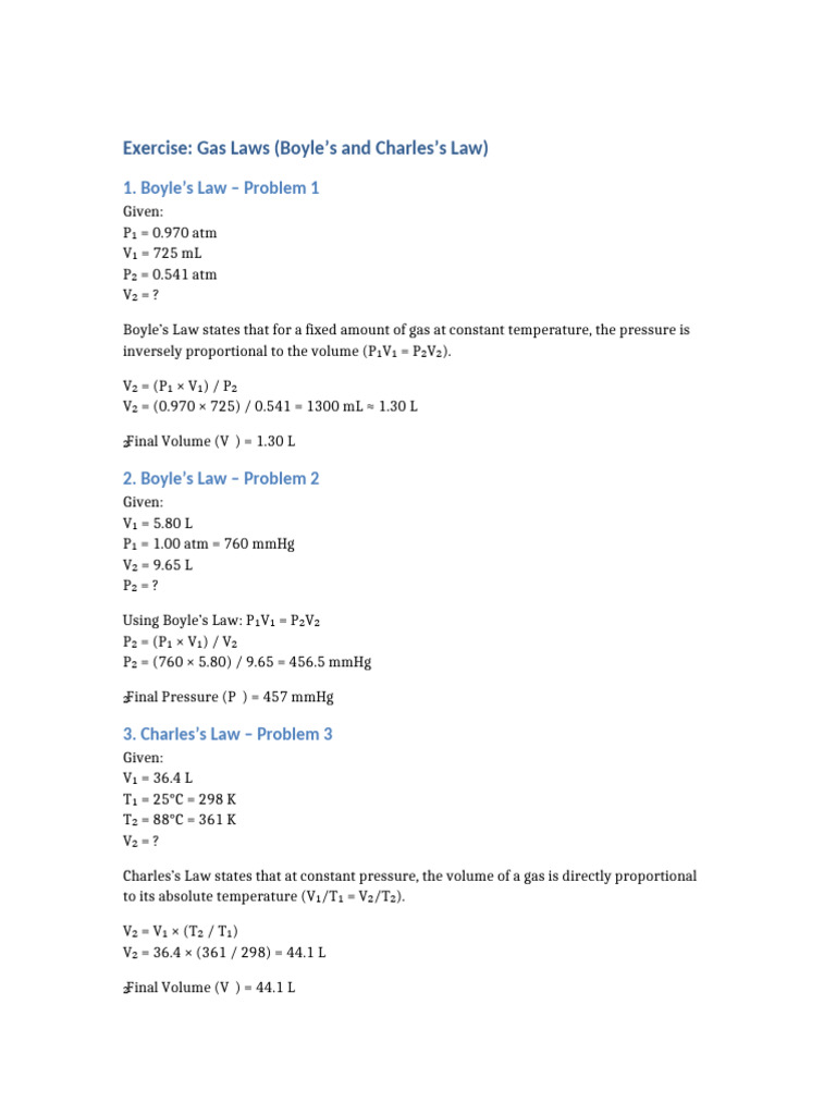 Exercise Gas Laws Boyle Charles | PDF
