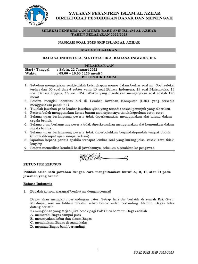 Soal PMB SMP Al Azhar 2022/2023 | PDF