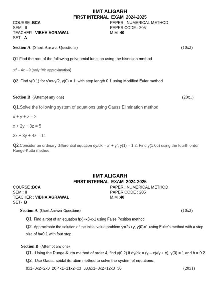 BCA Numerical Methods Exam 2024-25 | PDF