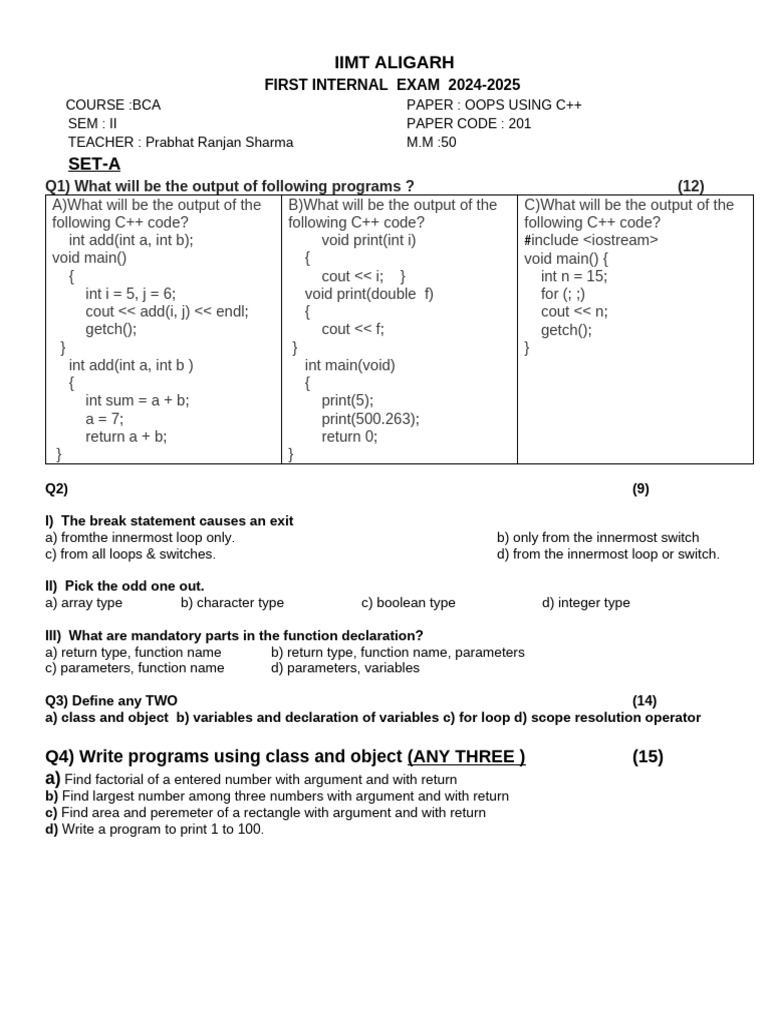 BCA OOPs C++ Internal Exam 2024-25 | PDF | C++ | Object (Computer Science)
