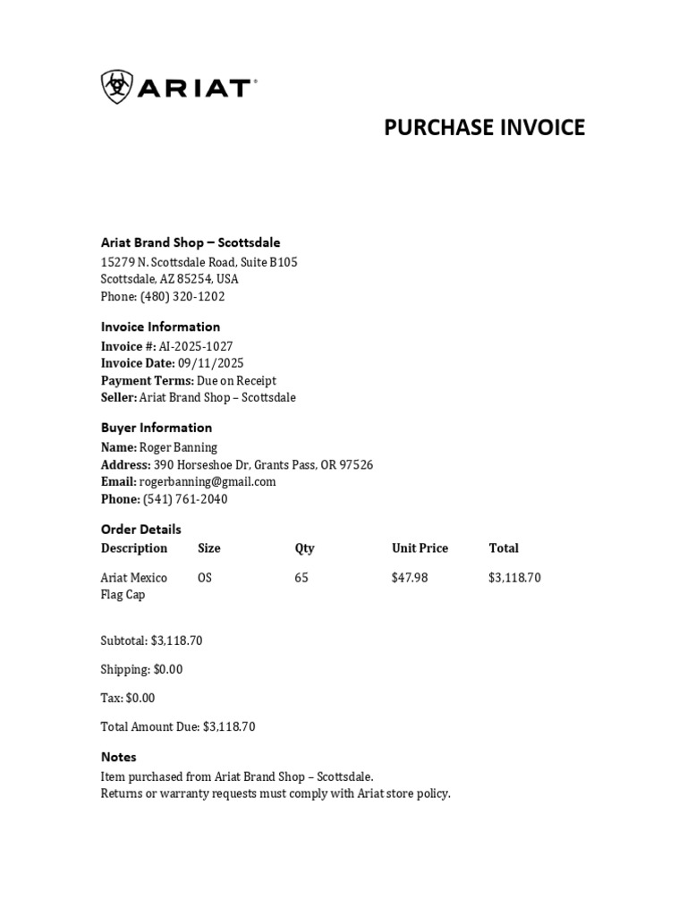 Ariat Purchase Invoice - Roger Banning | PDF