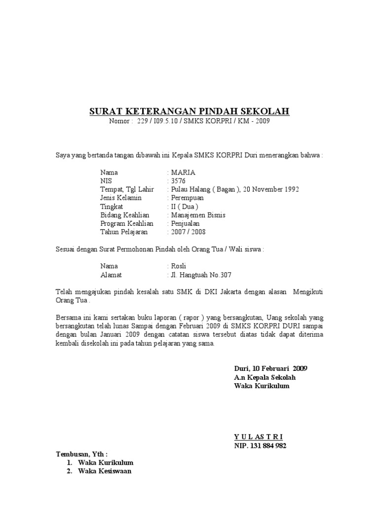 Keterangan Pindah Sekolah