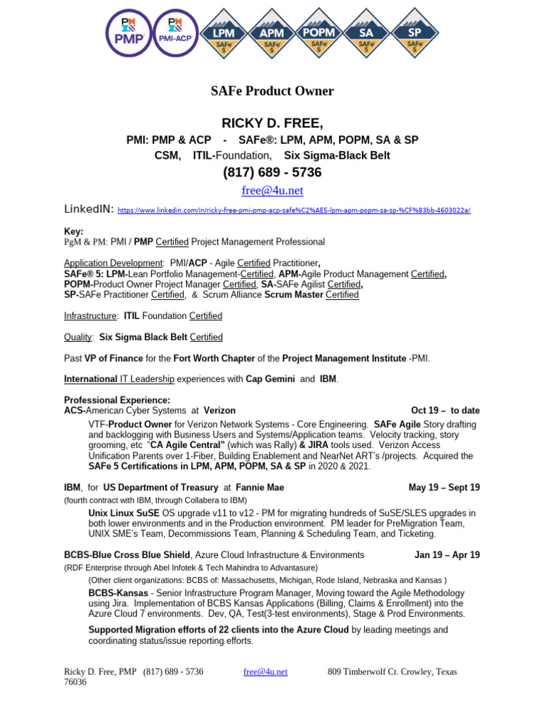 SAFe Product Owner Profile and Experience | PDF | Ibm Db2 | Computer ...