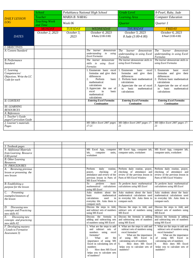 Excel Formulas Lesson Plan for Grade 8 | PDF | Microsoft Excel | Teachers