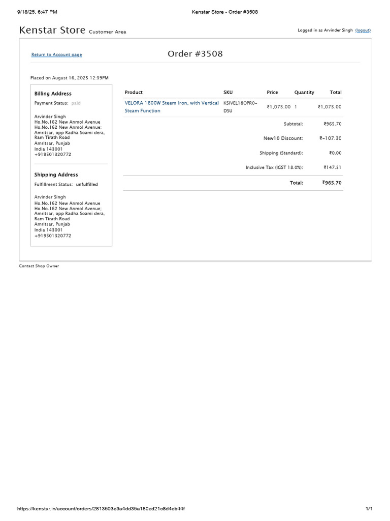 Kenstar Store - Order #3508 | PDF