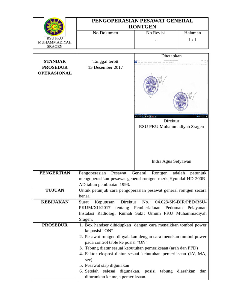 SPO Pengoperasian Pesawat General Rongsen | PDF