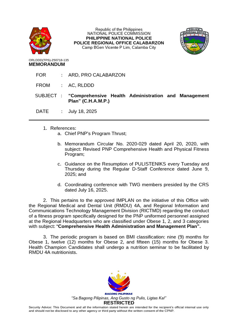 PNP Comprehensive Health Management Plan | PDF | Body Mass Index | Obesity