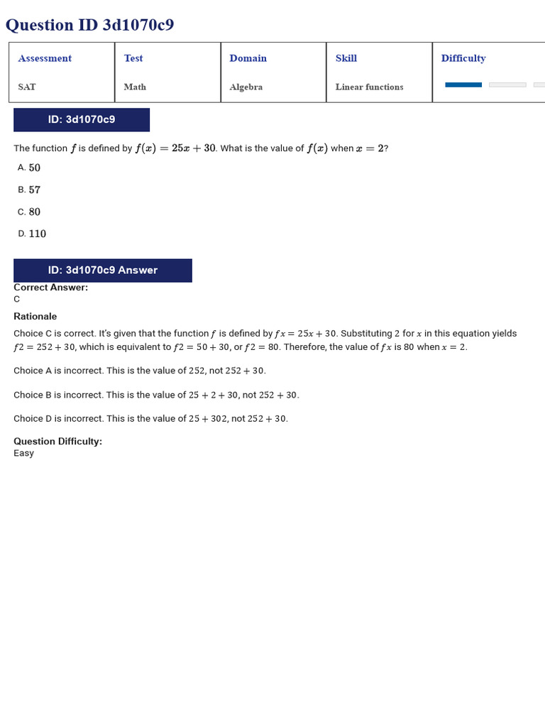 SAT Math Questions on Linear Functions | PDF | Equations | Function ...