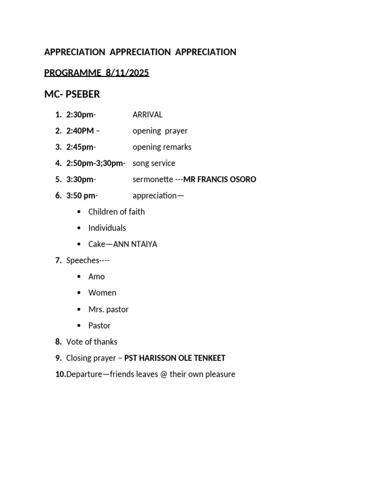 Appreciation Programme Agenda 2025 | PDF
