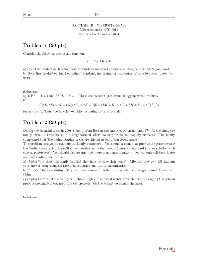 Microeconomics Midterm Solutions 2024 | PDF | Economics | Production ...
