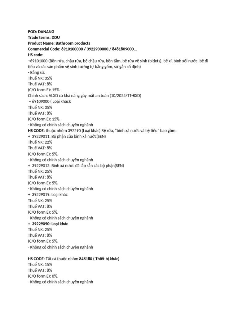 Pod: Danang Trade Terms: DDU Product Name: Bathroom Products Commercial ...