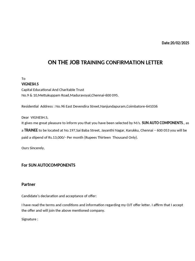 On-the-Job Training Confirmation Letter | PDF
