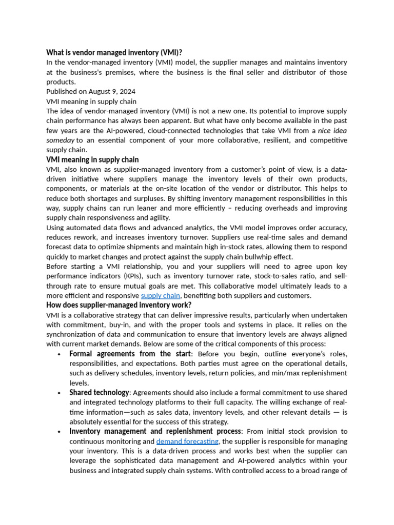 Understanding Vendor Managed Inventory (VMI) | PDF | Inventory | Supply ...