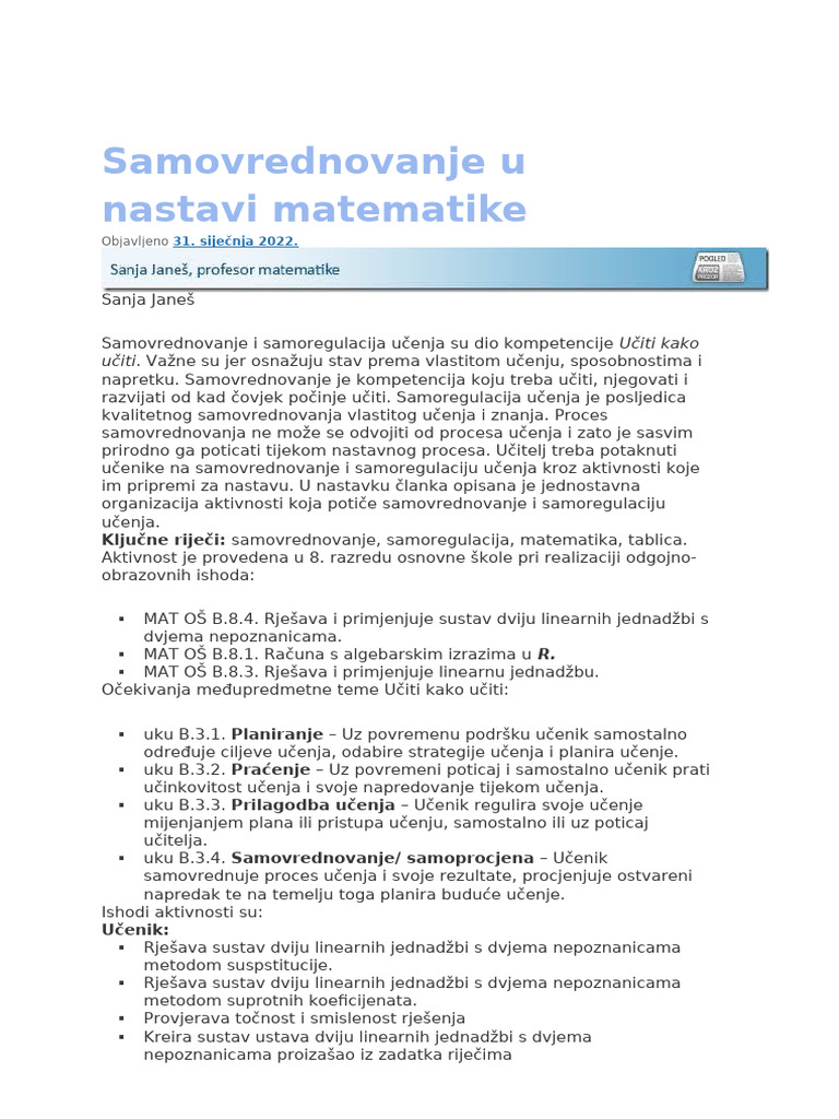 Samovrednovanje U Nastavi Matematike | PDF